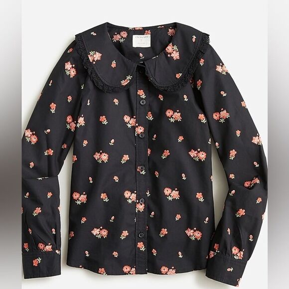J Crew Crewcuts Girl’s Black Floral Blouse Peter Pan Collar Size Medium 8/9 - Picture 1 of 8